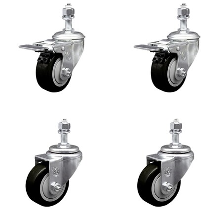 Service Caster 3 Inch SS Black Polyurethane 1/2 Inch Threaded Stem Caster Total Lock Brake, 2PK SSTSTTL20S314-PPUB-BLK-121315-2-S-2